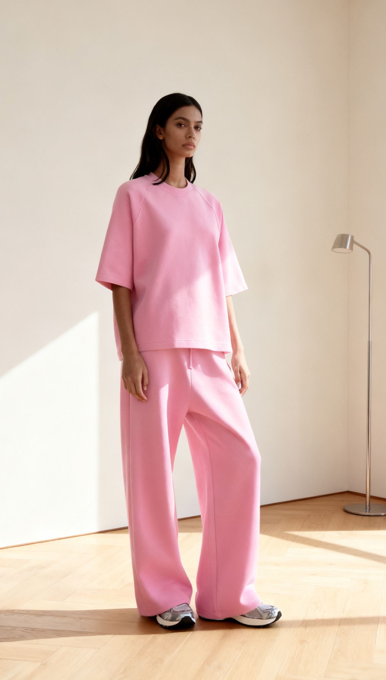 Loose Pink O Neck T Shirt and Pants Cotton Two-piece Set Summer