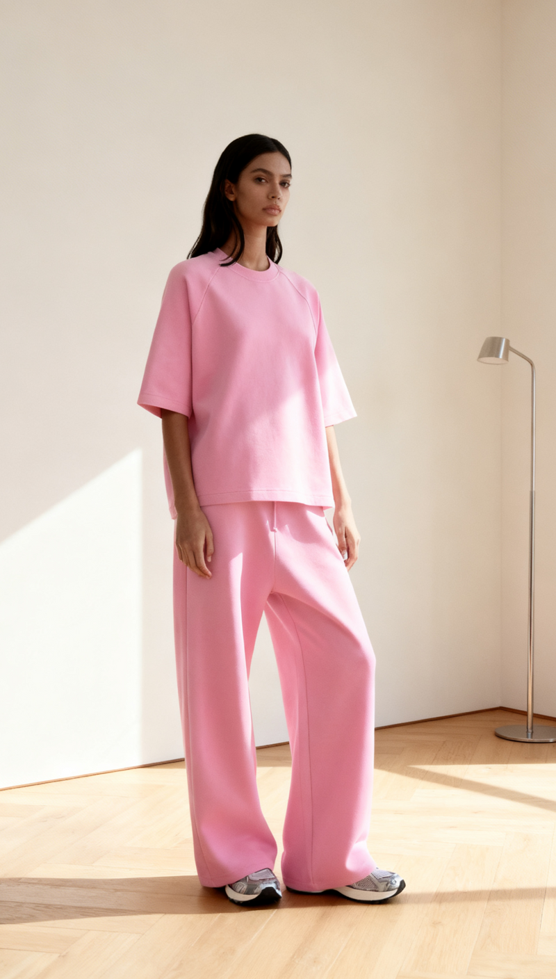 Loose Pink O Neck T Shirt and Pants Cotton Two-piece Set Summer