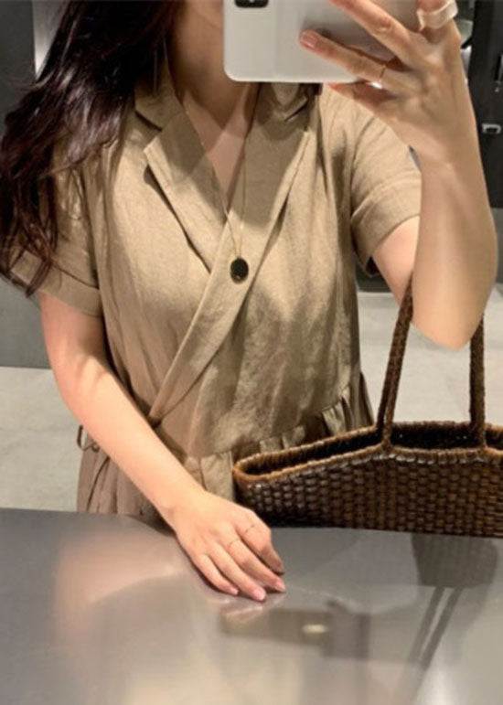 Khaki Peter Pan Collar Patchwork Linen Long Dress Short Sleeve