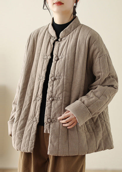 Retro Khaki Stand Collar Oriental Button Fine Cotton Filled Coat Winter