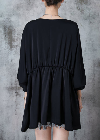 Black V Neck Tasseled Chiffon Dresses Summer