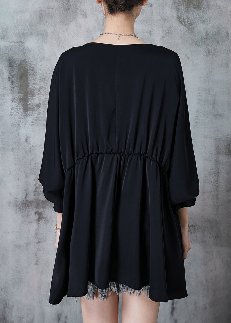Black V Neck Tasseled Chiffon Dresses Summer