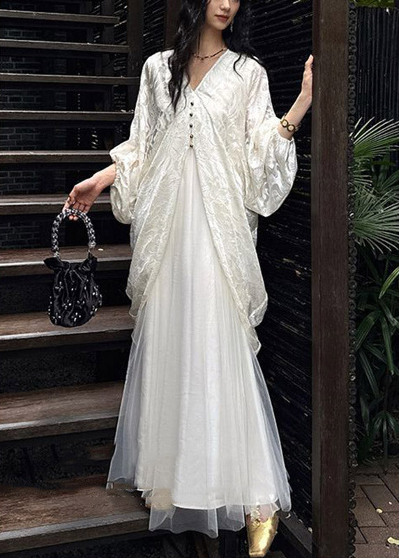 Fitted White V Neck Patchwork Long Dress Lantern Sleeve