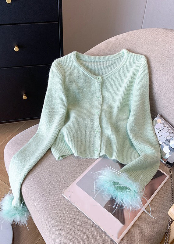 Style Light Green O-neck Button Cotton Knit Cardigan Fall