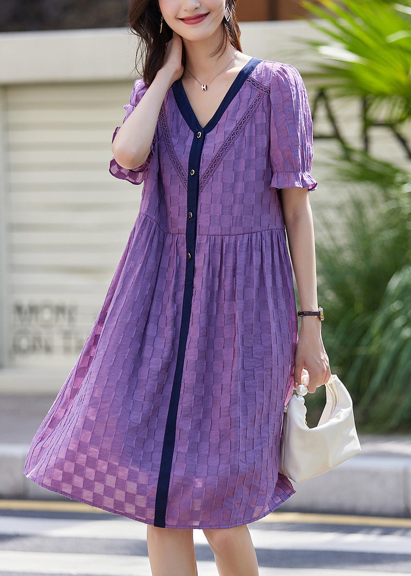 Purple V Neck Plaid Patchwork Cotton Dresses Summer
