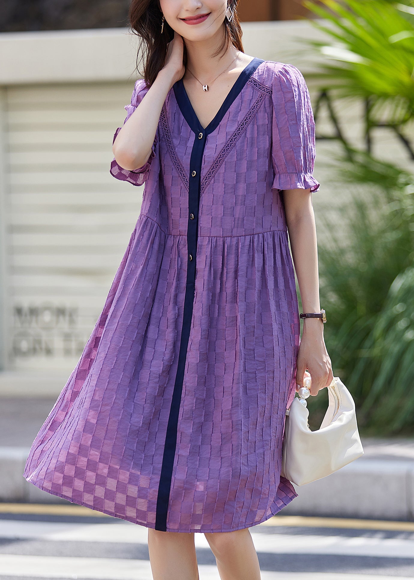 Purple V Neck Plaid Patchwork Cotton Dresses Summer