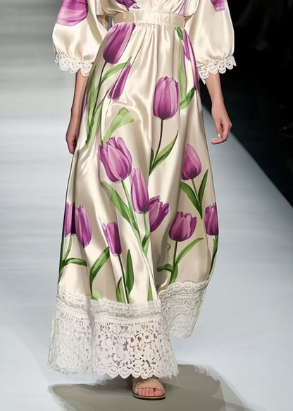 Classy Lavender Patchwork Lace Silk Maxi Dress Summer