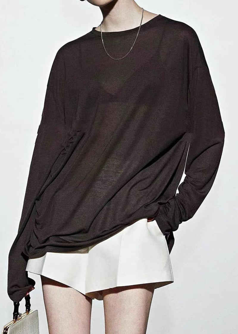 Loose Coffee O-neck Patchwork Silk T Shirt Spring