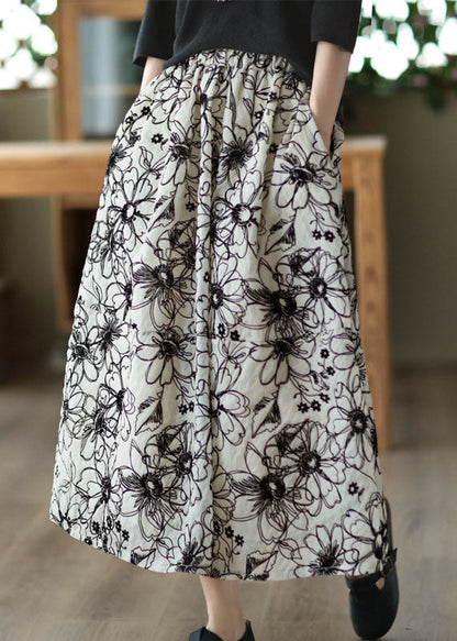 Beige Wrinkled Embroidered Linen Skirt Summer