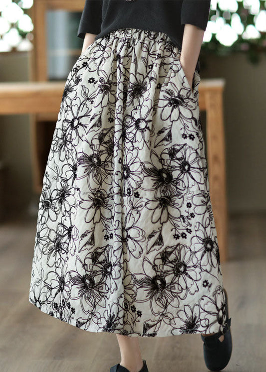 Beige Wrinkled Embroidered Linen Skirt Summer