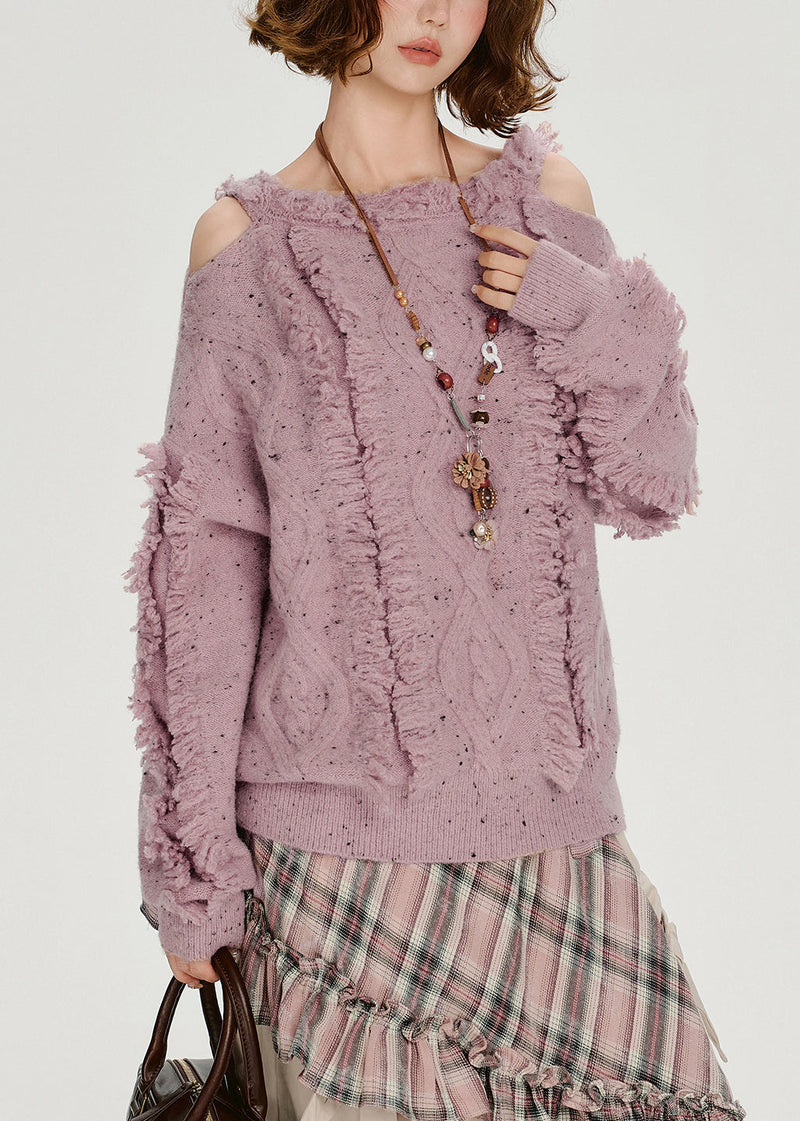 Italian Light Purple Cold Shoulder Cozy Fluffy Sweater Tops Winter