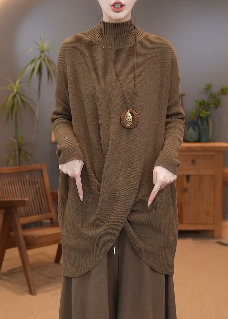 Simple Brown Turtleneck Knit Sweater Winter