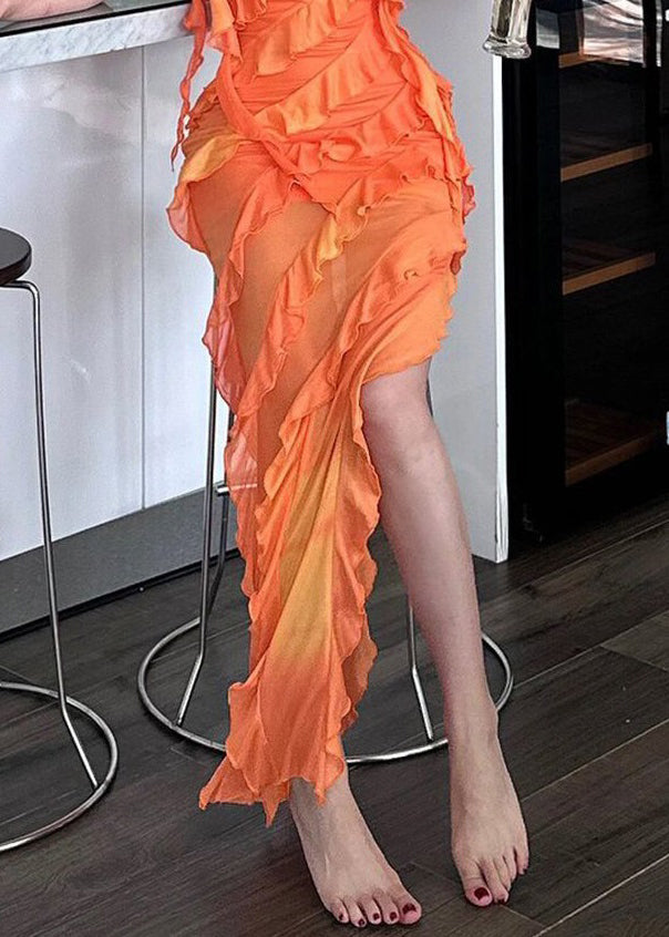 Orange Asymmetrical Ruffled Tulle Spaghetti Strap Dress Sleeveless