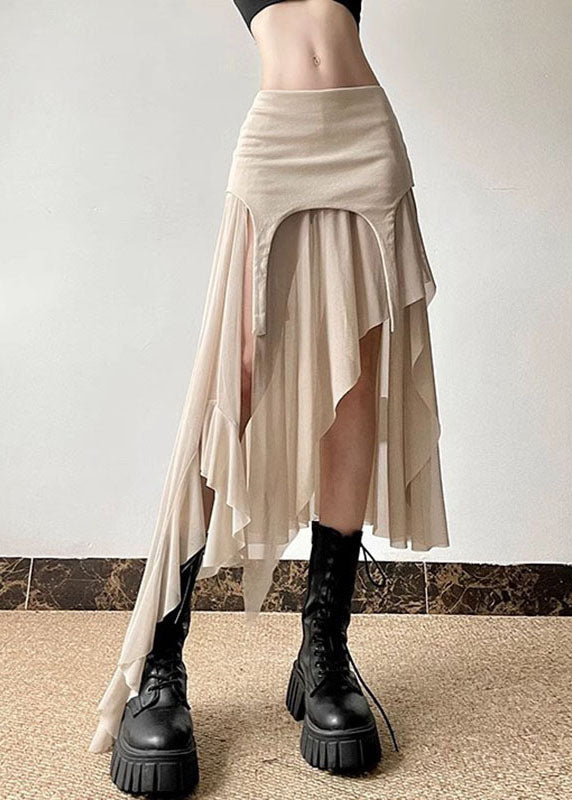 Khaki Asymmetrical Tulle Patchwork High Waist Maxi Skirts
