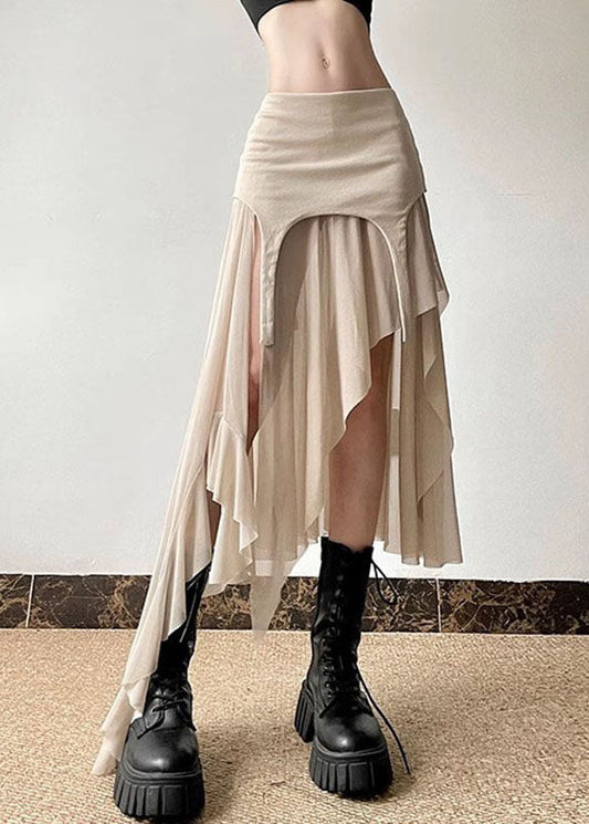 Khaki Asymmetrical Tulle Patchwork High Waist Maxi Skirts