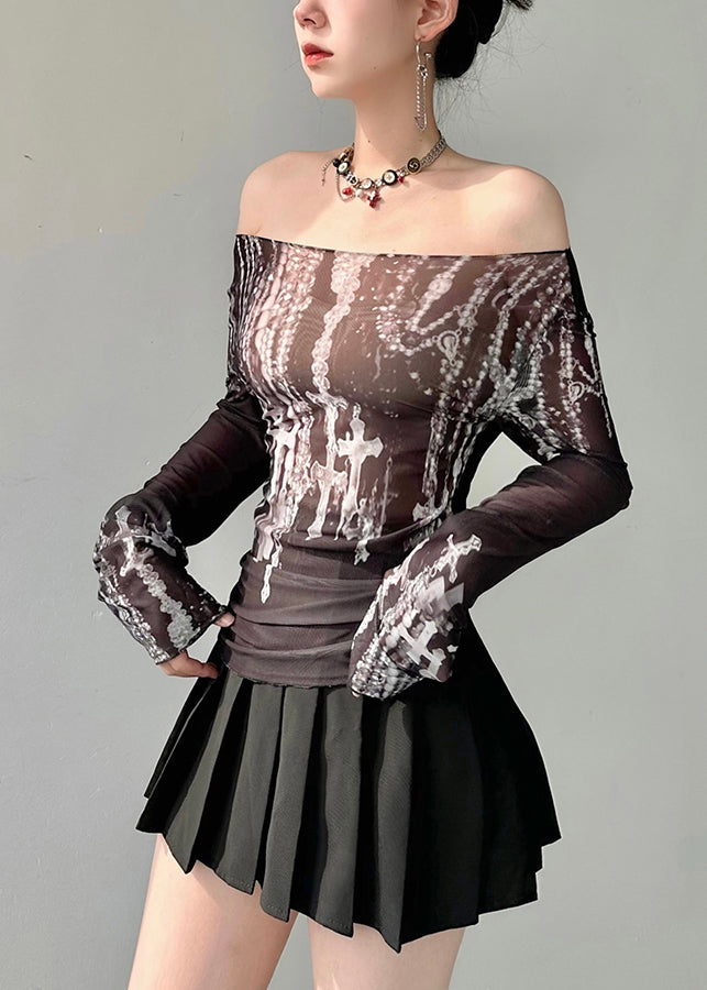 Black Slash Neck Print Tulle Top Fall