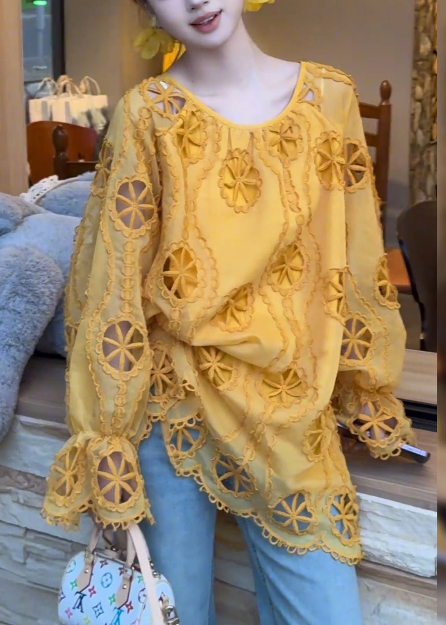Modern Yellow Hollow Out Cotton Blouse Top Fall