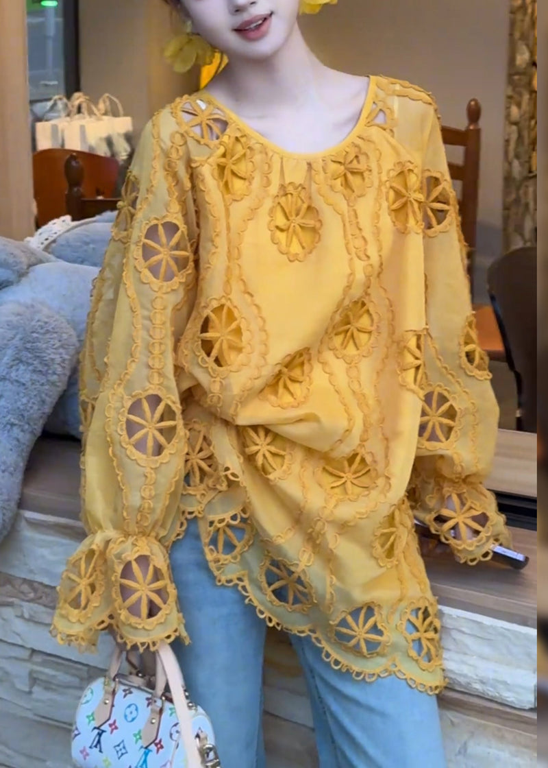 Modern Yellow Hollow Out Cotton Blouse Top Fall