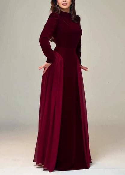 Wine Red Chiffon Patchwork Velour Long Dresses Tie Waist