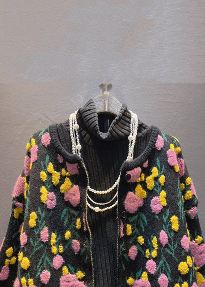 Black Cozy Patchwork Loose Knit Coat O-neck Spring