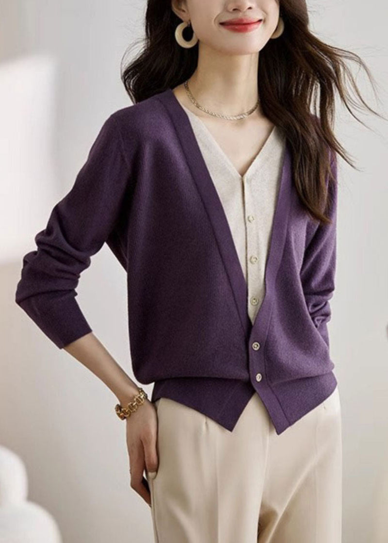 Red V Neck Patchwork False Two Pieces Knit Coat Spring