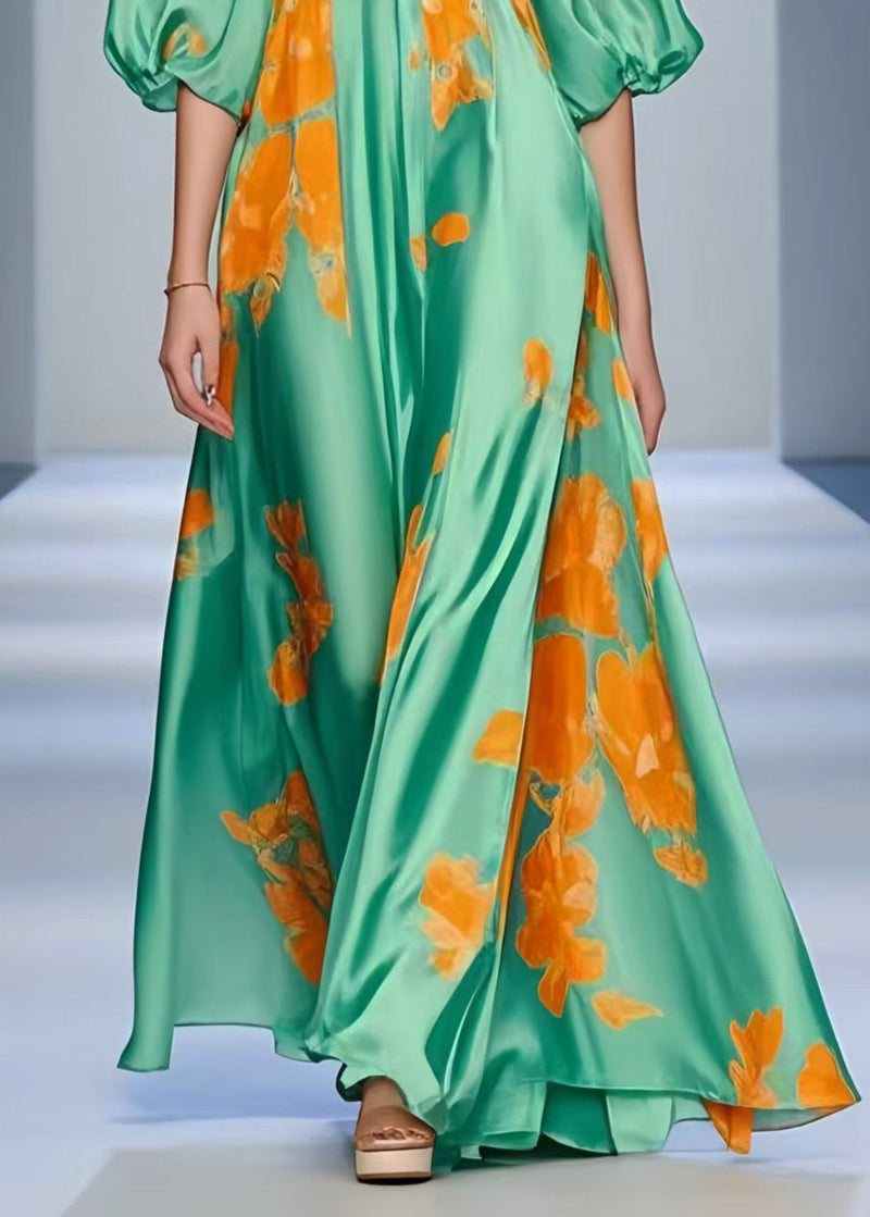 Lake Green V Neck Print Silk Holiday Dress Summer