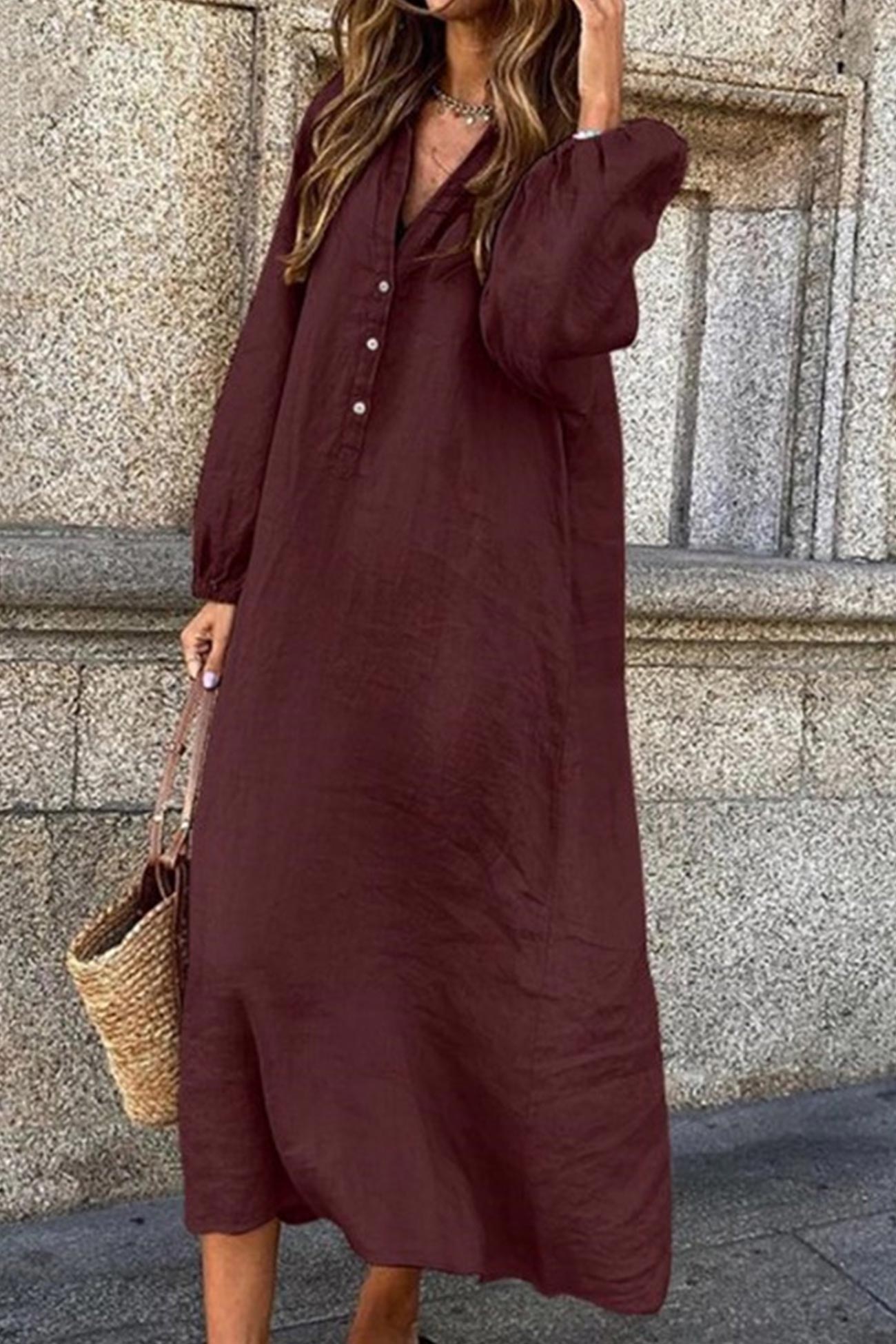 V Neck Single-breasted Cotton Linen Dress