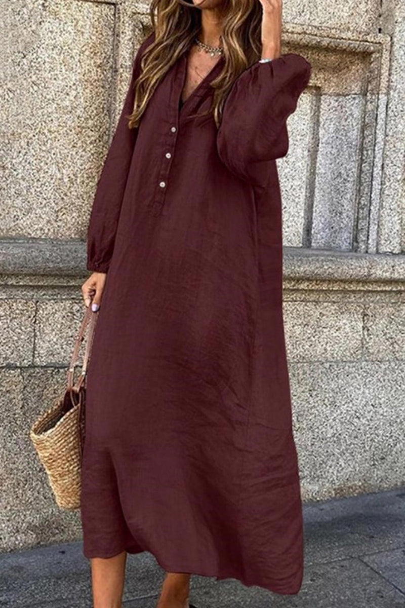 V Neck Single-breasted Cotton Linen Dress