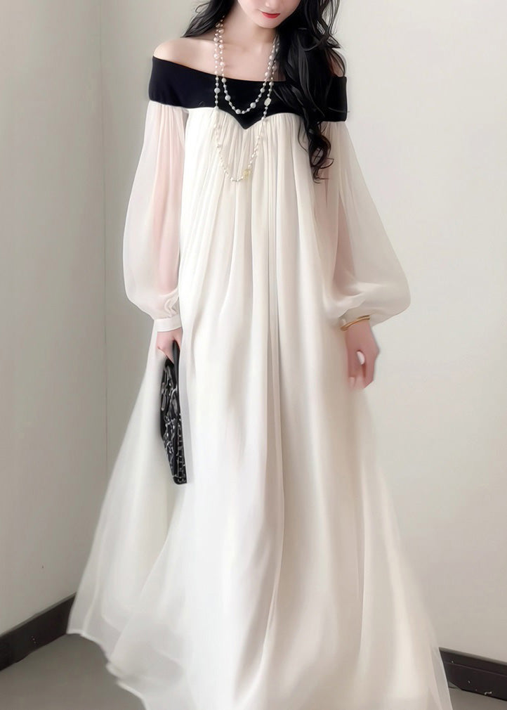 French Slash Neck Chiffon Dress Lantern Sleeves