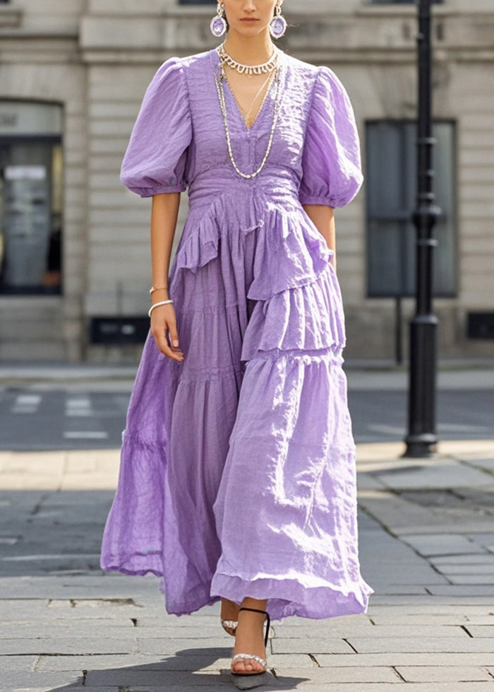 Purple Puff Sleeve Exra Large Hem Cotton Long Dresses