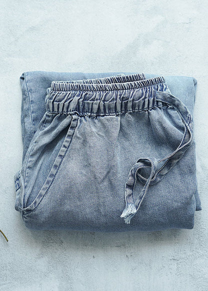 Light Blue High Waist Draping Cotton Denim Wide Leg Pants Summer