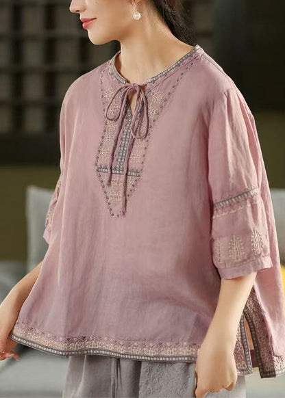 Purple Embroidered Linen Shirt Top Summer