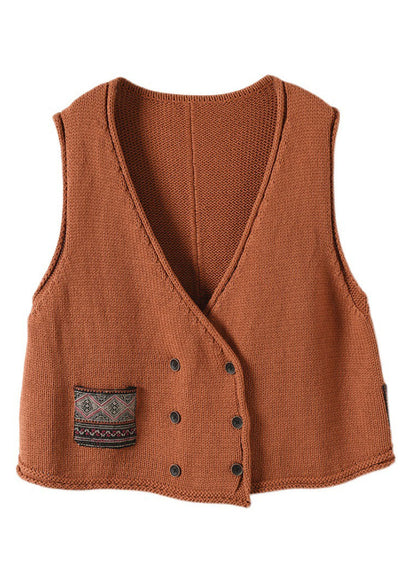 Classy Caramel V Neck Button Patchwork Knit Vest Spring