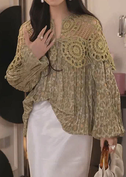 Green V Neck Hollow Out Patchwork Cotton Shirt Fall
