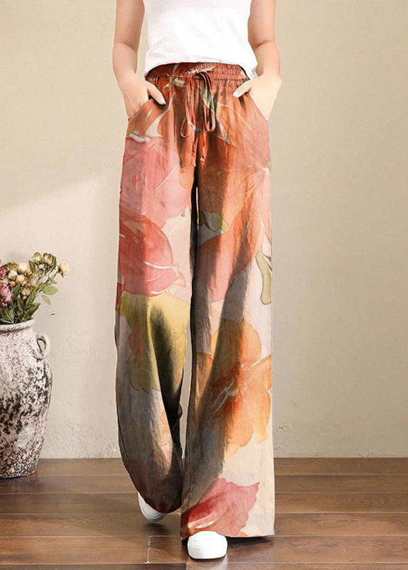 French Black Bird Elastic Waist Pockets Linen Wide Leg Pants Summer