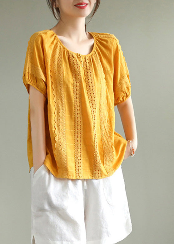 Diy Yellow Lace Patchwork Cotton Shirts Short Sleeve