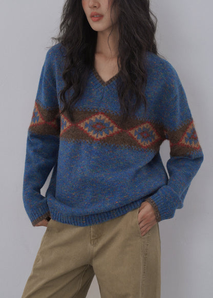 Italian Blue V Neck Jacquard Knitted Sweaters Tops Spring