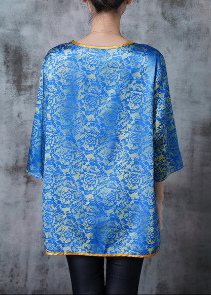 Blue Tasseled Print Silk Blouses Bracelet Sleeve