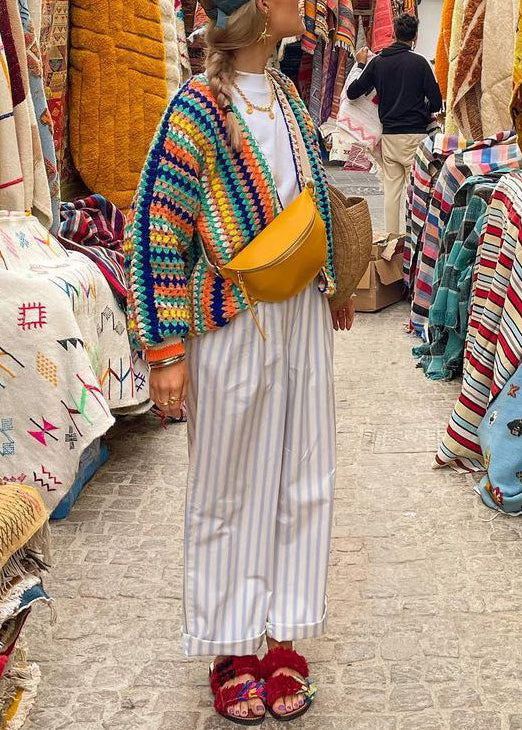 Rainbow V Neck Short Knit Cardigan Fall
