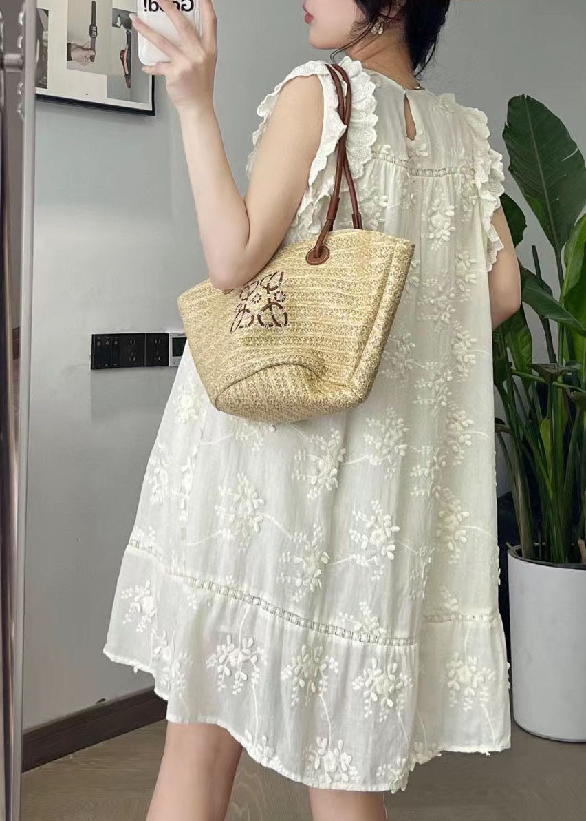 Beige O-neck Embroidered Silk Cotton Mid Dress Summer