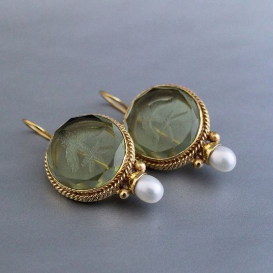 Rounded Green Stone Pearl Earrings
