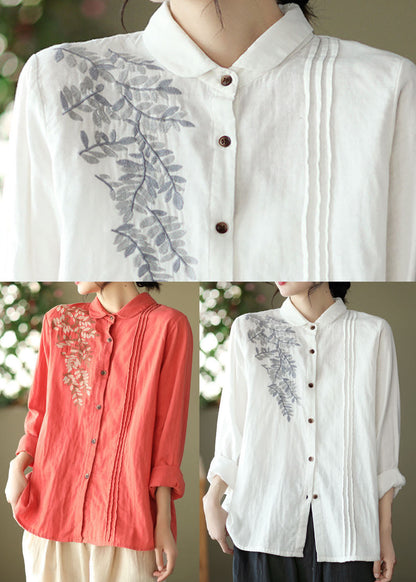 White Peter Pan Collar Embroidered Cotton Blouse Top Spring