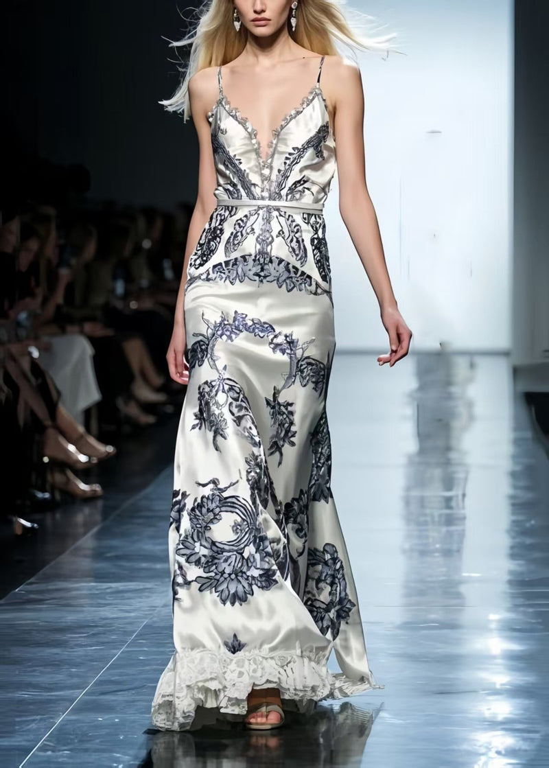 White Print Patchwork Lace Silk Vestidos Dress Summer