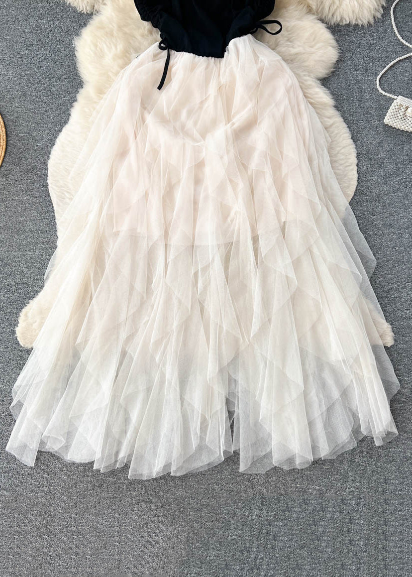 Apricot Cinched Patchwork Tulle Spaghetti Strap Dress Sleeveless