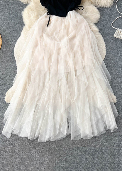 Apricot Cinched Patchwork Tulle Spaghetti Strap Dress Sleeveless