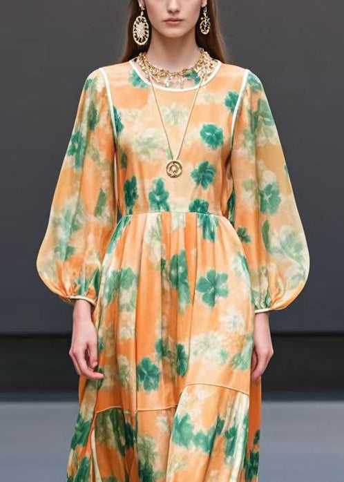 Orange Print Exra Large Hem Chiffon Long Dress Fall