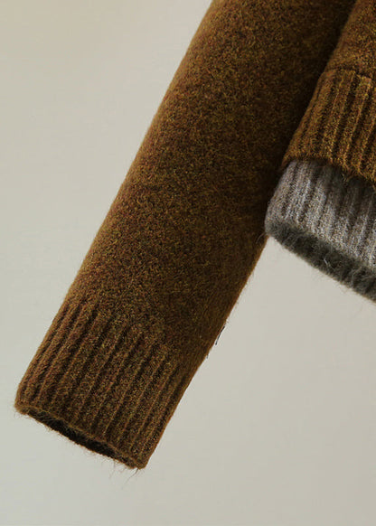 Coffee O-neck Fake Two Pieces Thick Cotton Knit Sweaters Winter