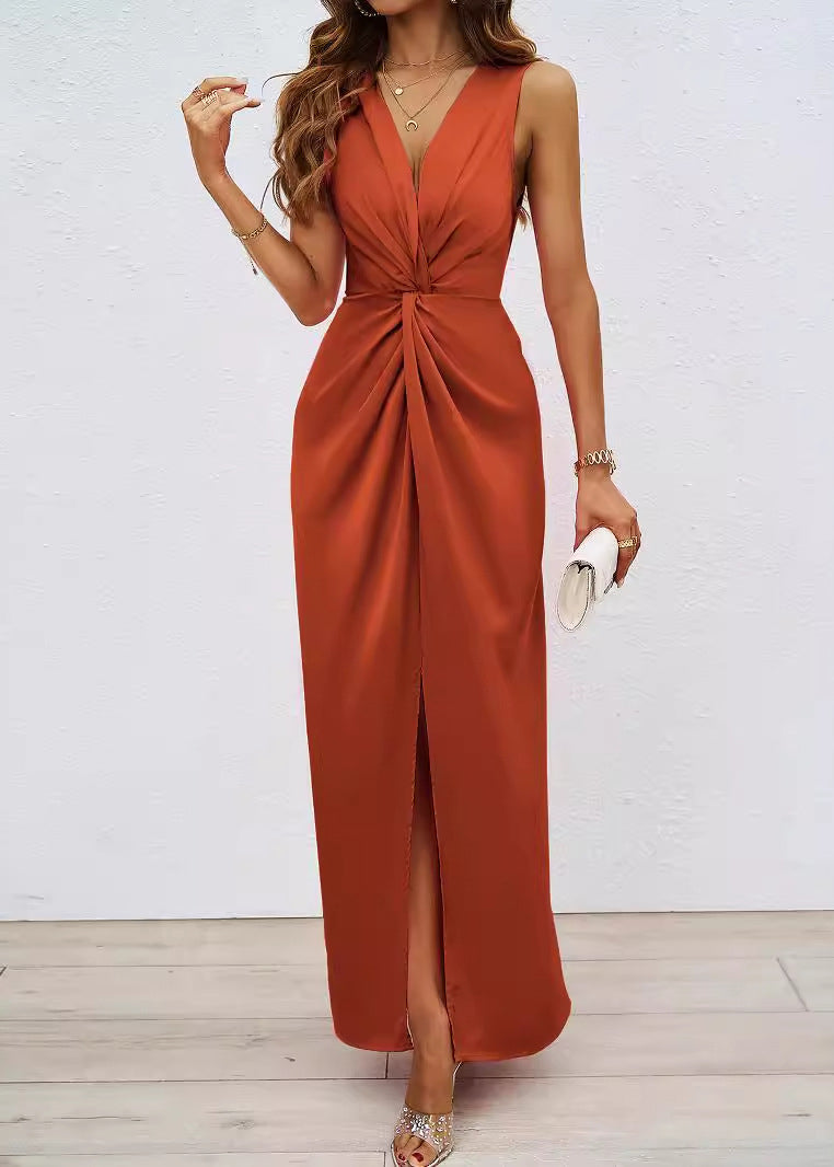 Classy Rose V Neck Side Open Patchwork Silk Dress Sleeveless