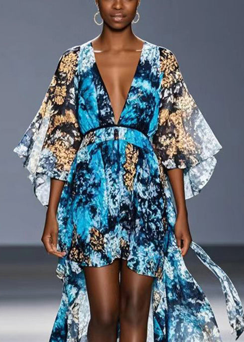 Blue Print Low High Design Chiffon Robe Dresses Summer