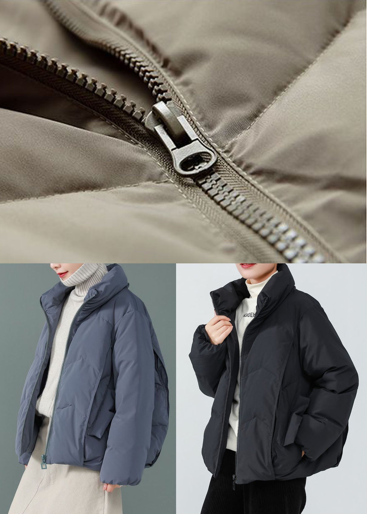 Blue Stand Collar Zip Up Duck Down Jackets Long Sleeve